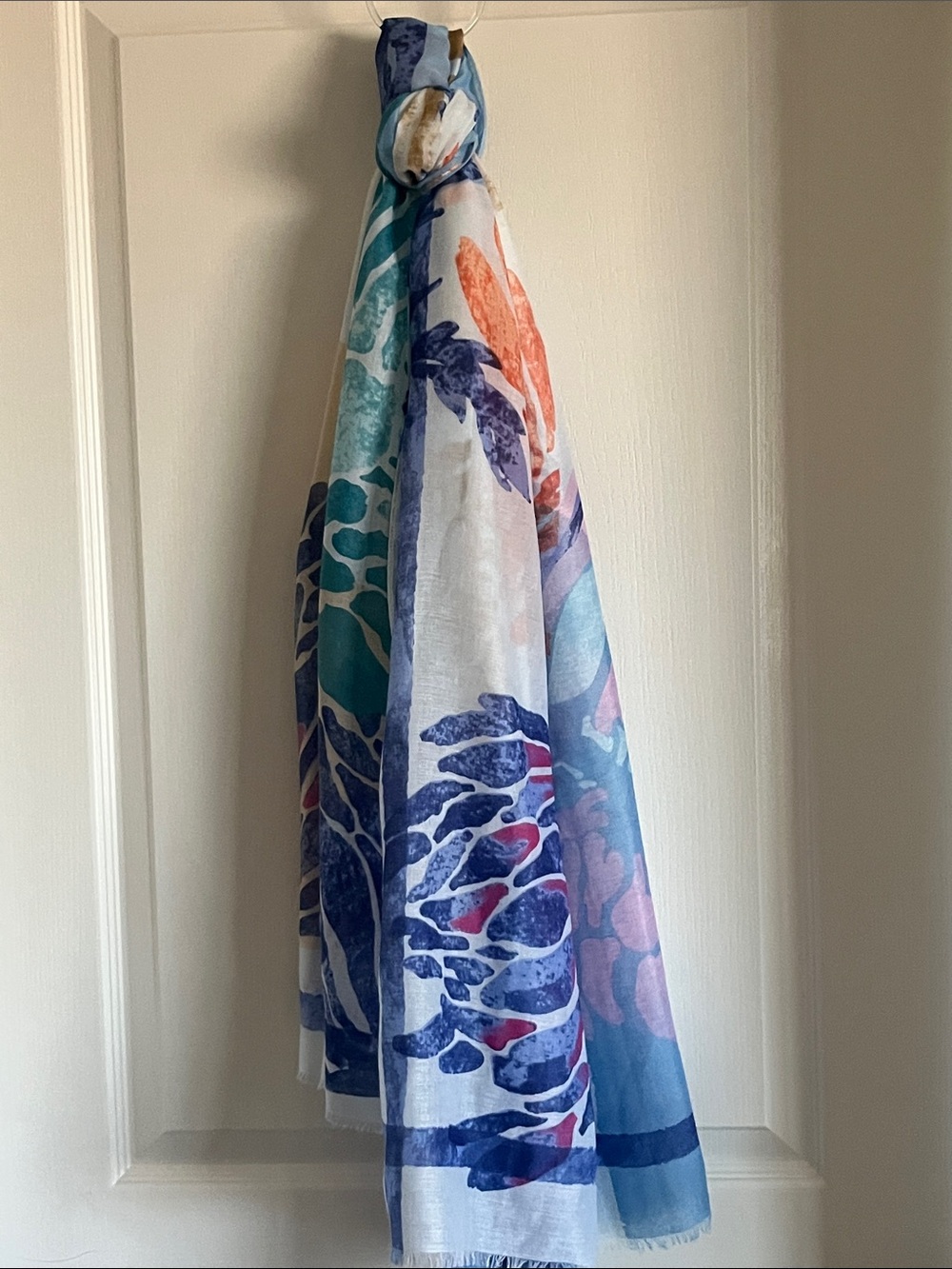 Chico's Teal Blue Coral Floral Lightweight Scarf